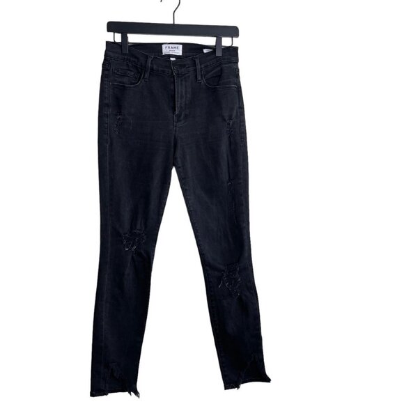 FRAME Le Skinny de Jeanne Jeans Le Color Rip Film Noir Mid Rise Distressed 28.5" - Picture 2 of 14